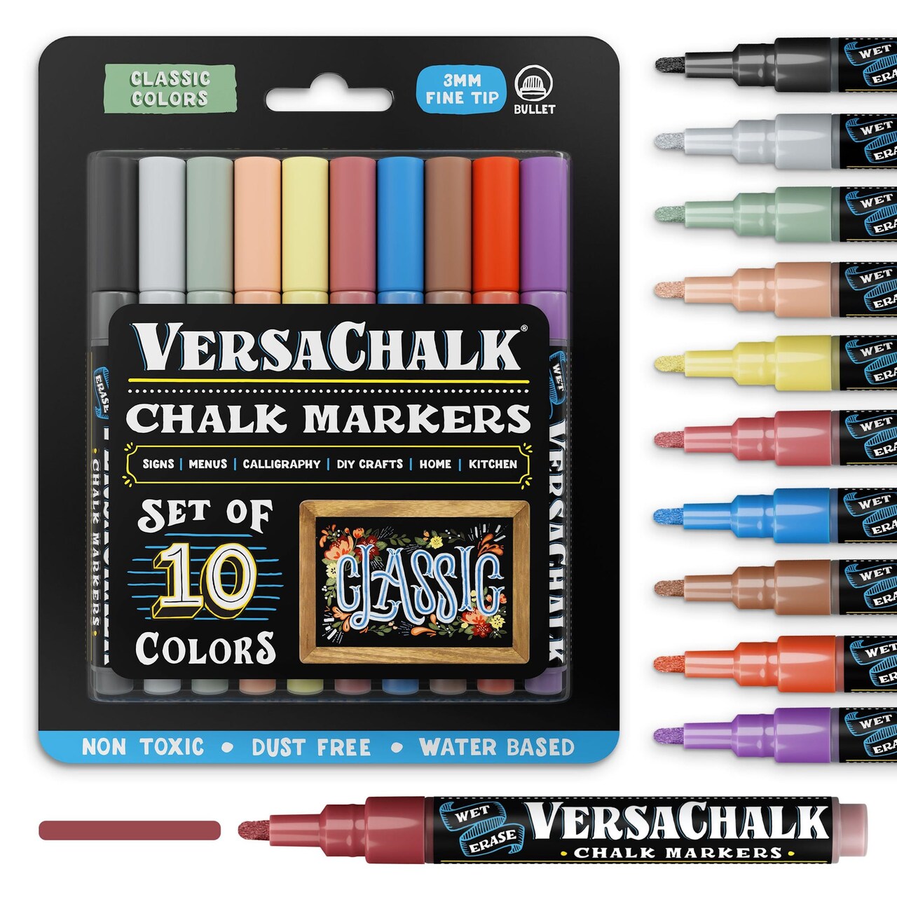 VersaChalk Classic Liquid Chalk Markers for Chalkboards, Set of 10 - 3mm Fine Tip
